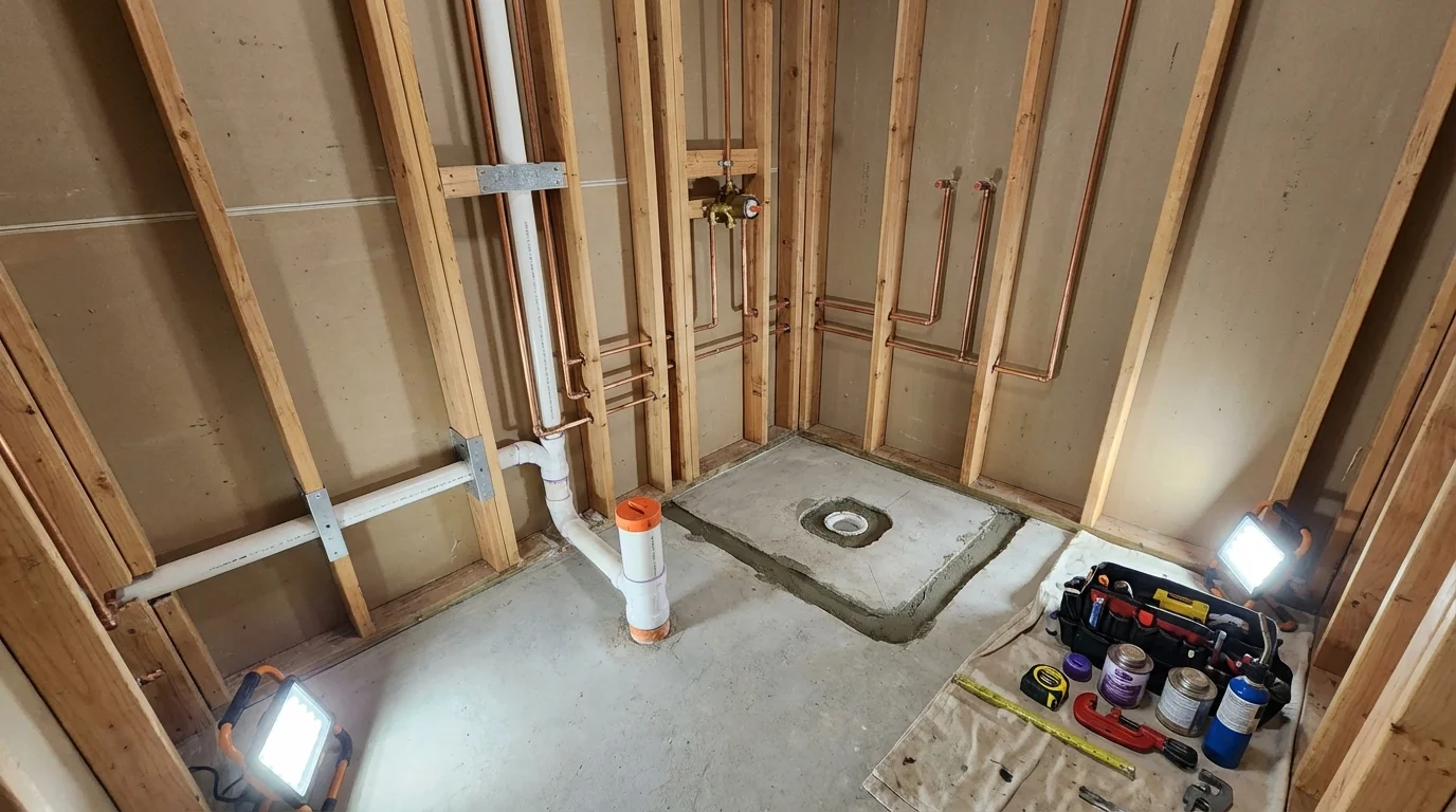 Bathroom rough-in plumbing during remodel by Johns Plumbing LLC in Lake Andes