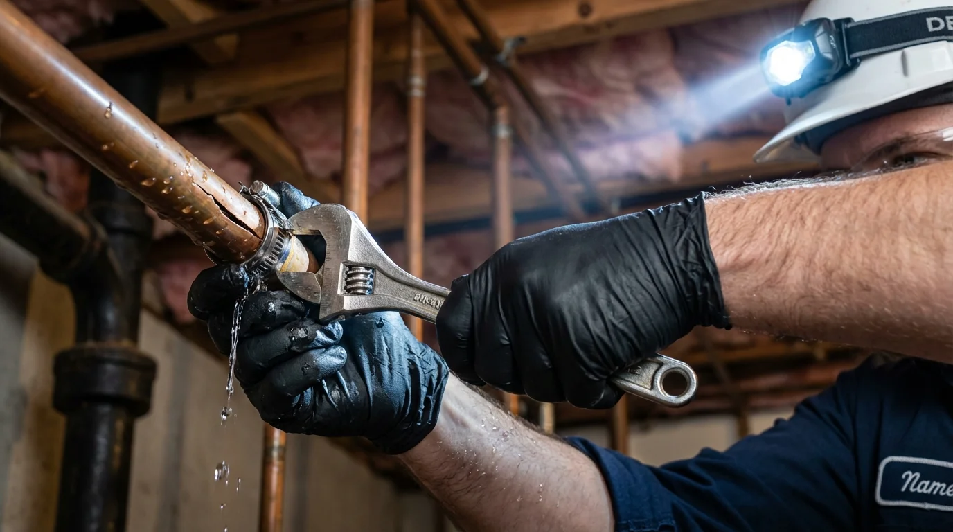 Emergency pipe clamp repair being performed by a Johns Plumbing LLC plumber in Lake Andes