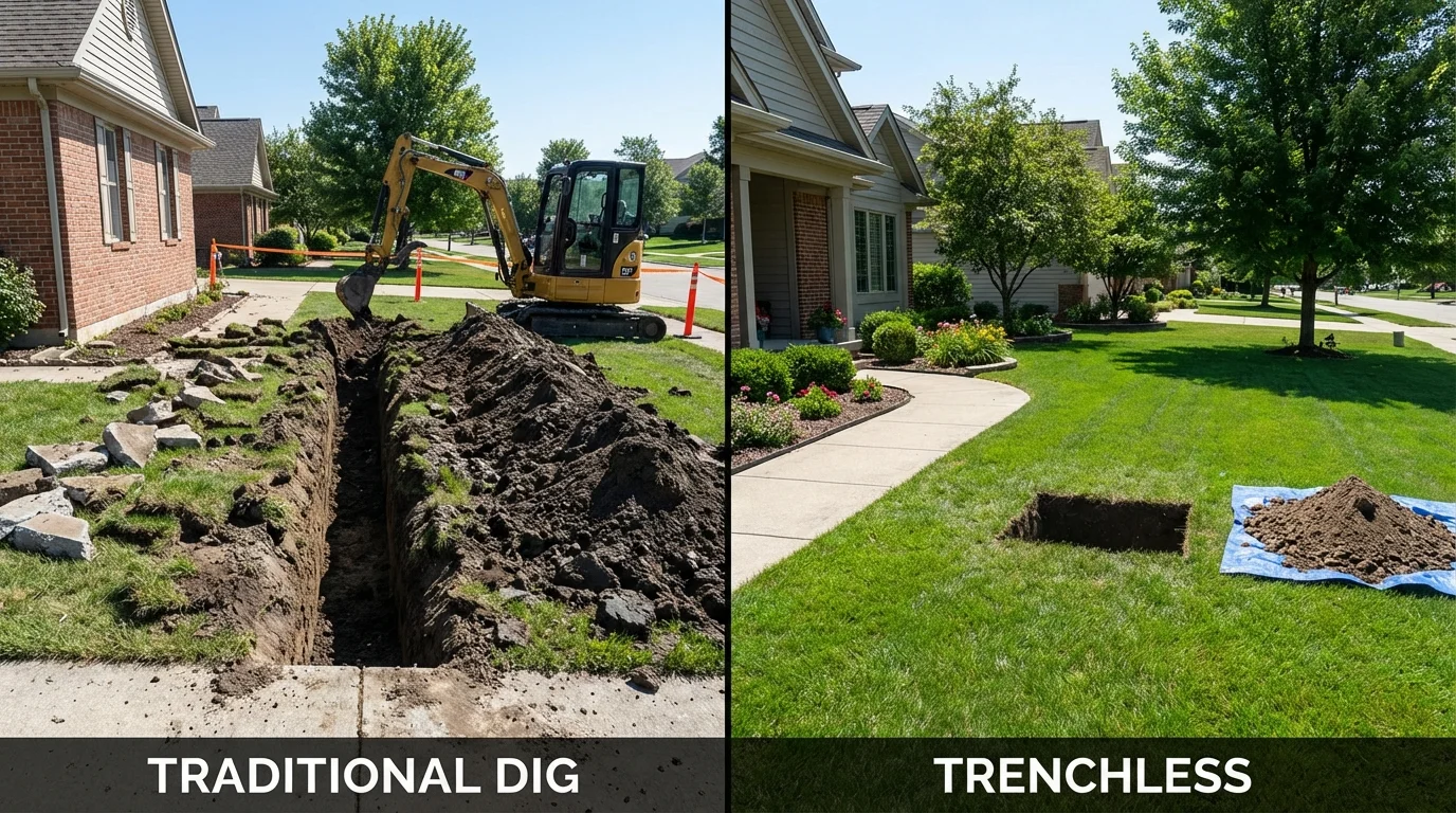 Trenchless sewer repair with minimal yard damage versus traditional excavation in Lake Andes, SD