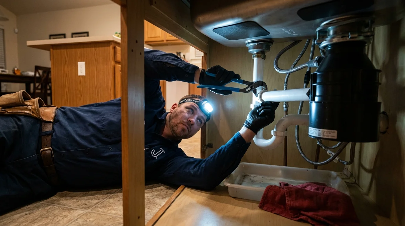 P-trap and supply line connections under a kitchen sink showing a common leak point in Lake Andes, SD